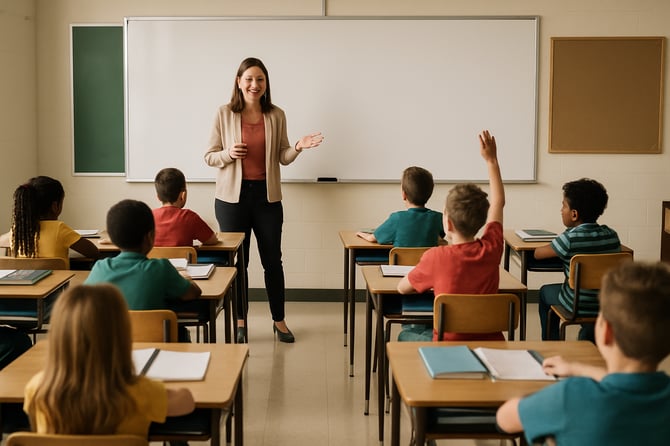 A classroom with a teacher at front and pupils in different colours and gender in the age of 10 I want a whiteboard in the front and want the perspective to be from the far back of the room